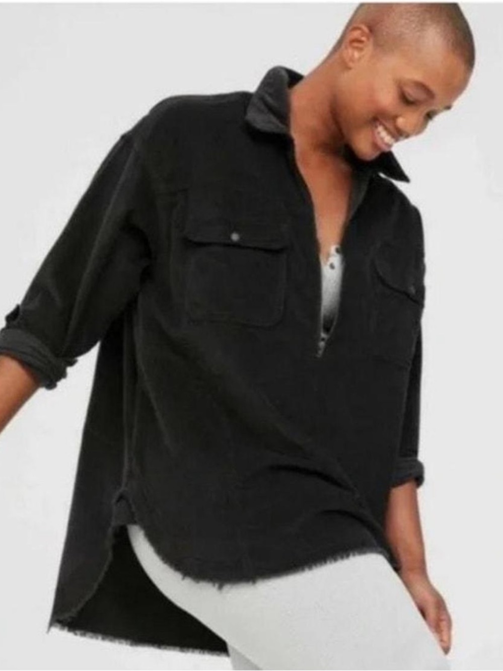 OFFLINE by Aerie Charcoal Blk Corduroy Pullover Shacket Frayed Hem Oversized